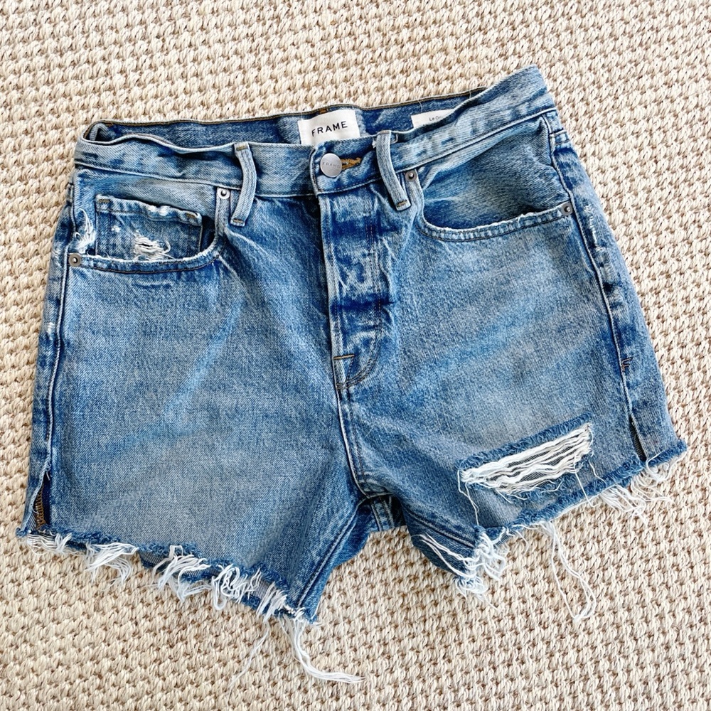Frame Le Original Denim Blue Distressed Cutoff Shorts Cascade Blue Rips 27